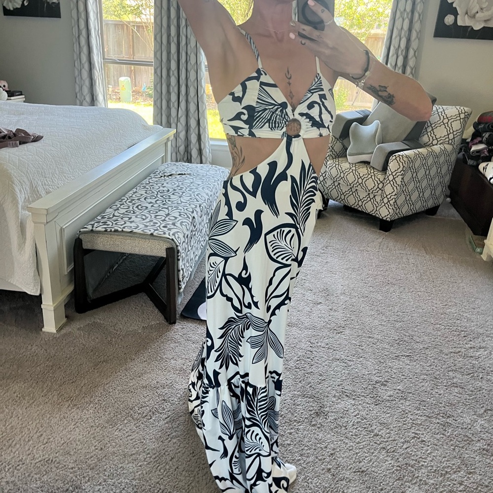 Blue & White Tropical Cutout Maxi Dress